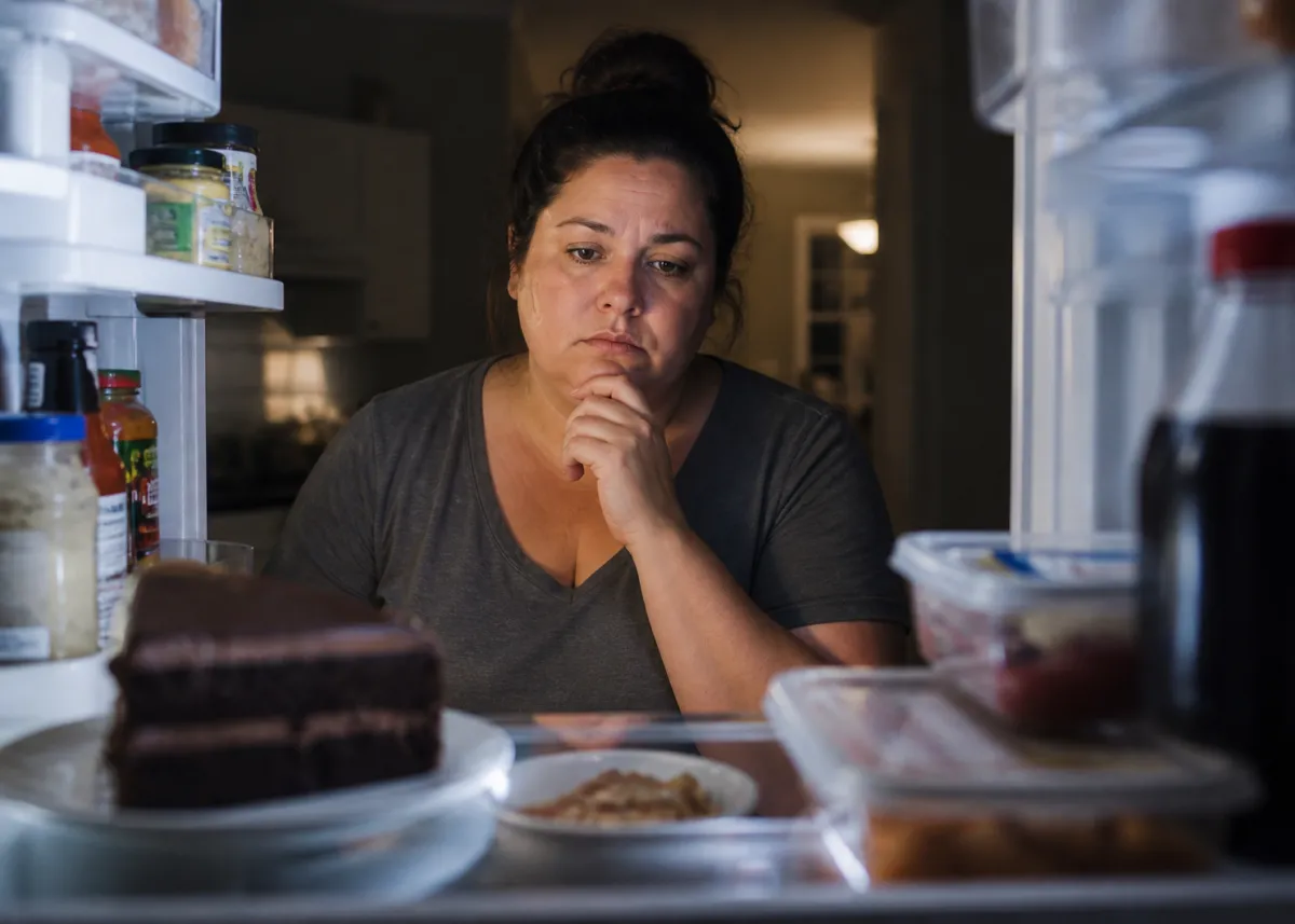 Woman looking into refridgerator experiencing food noise.