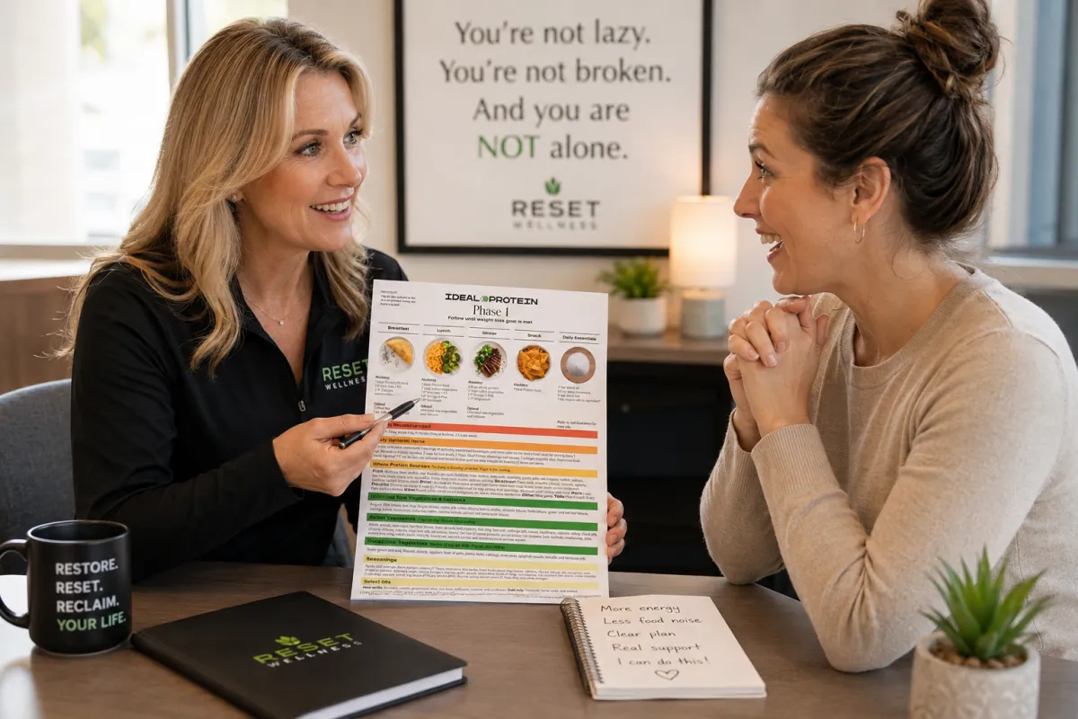 A compassionate and experienced Ideal Protein coach is explaining the nutrition plan to an excited client.
