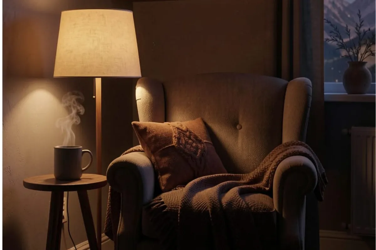 Cozy brown chair, Yellow light lamp, dimly lit room, brown pillow, brown blanket, cozy night through window