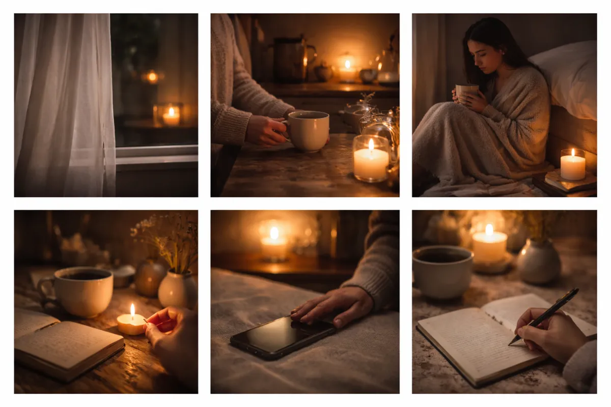 Cozy brown chair, Yellow light lamp, dimly lit room, brown pillow, brown blanket, cozy night through window