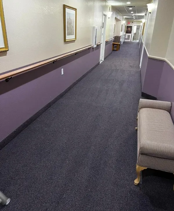 Commercial carpet cleaning service in Phoenix hallway with freshly cleaned carpet lines