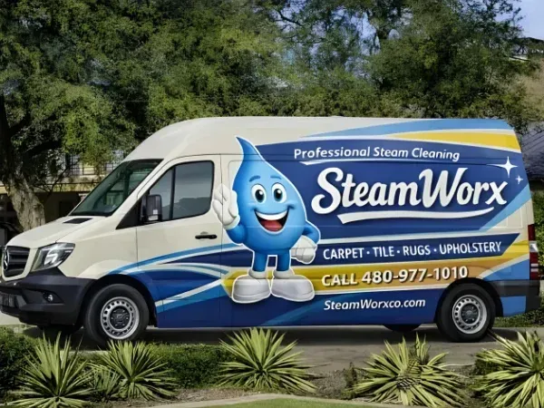 A white SteamWorx Mercedes van with blue and yellow branding parked on a street with trees in the background.
