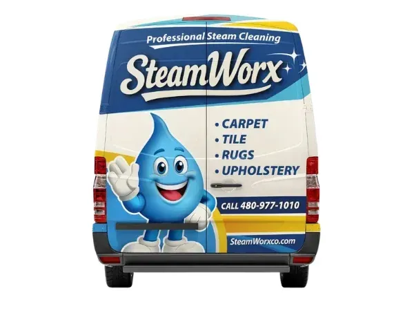 Rear view of a white SteamWorx van with blue and yellow branding and a happy water droplet mascot.