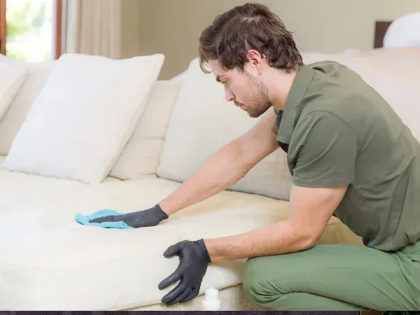 A man in a green shirt and black gloves meticulously cleans a cream-colored sofa with a blue cloth.