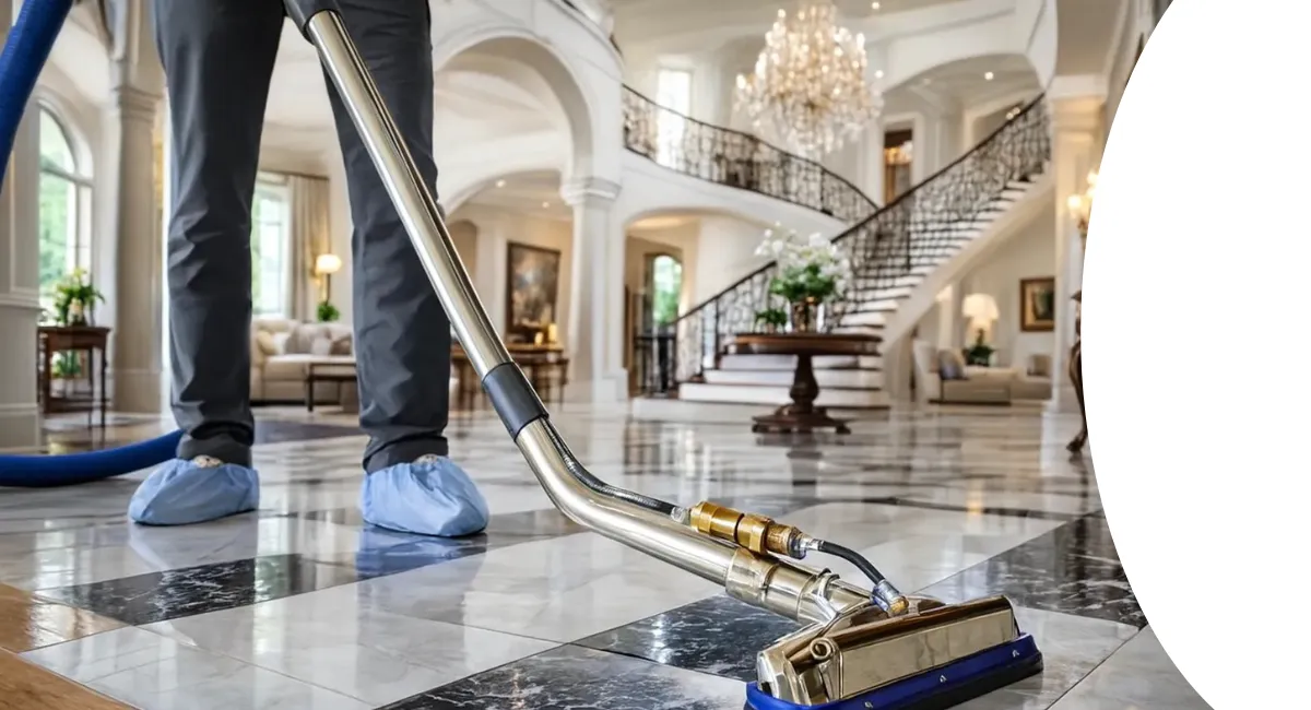 A professional cleaning tool on a shiny black and white marble floor in a grand mansion's foyer.