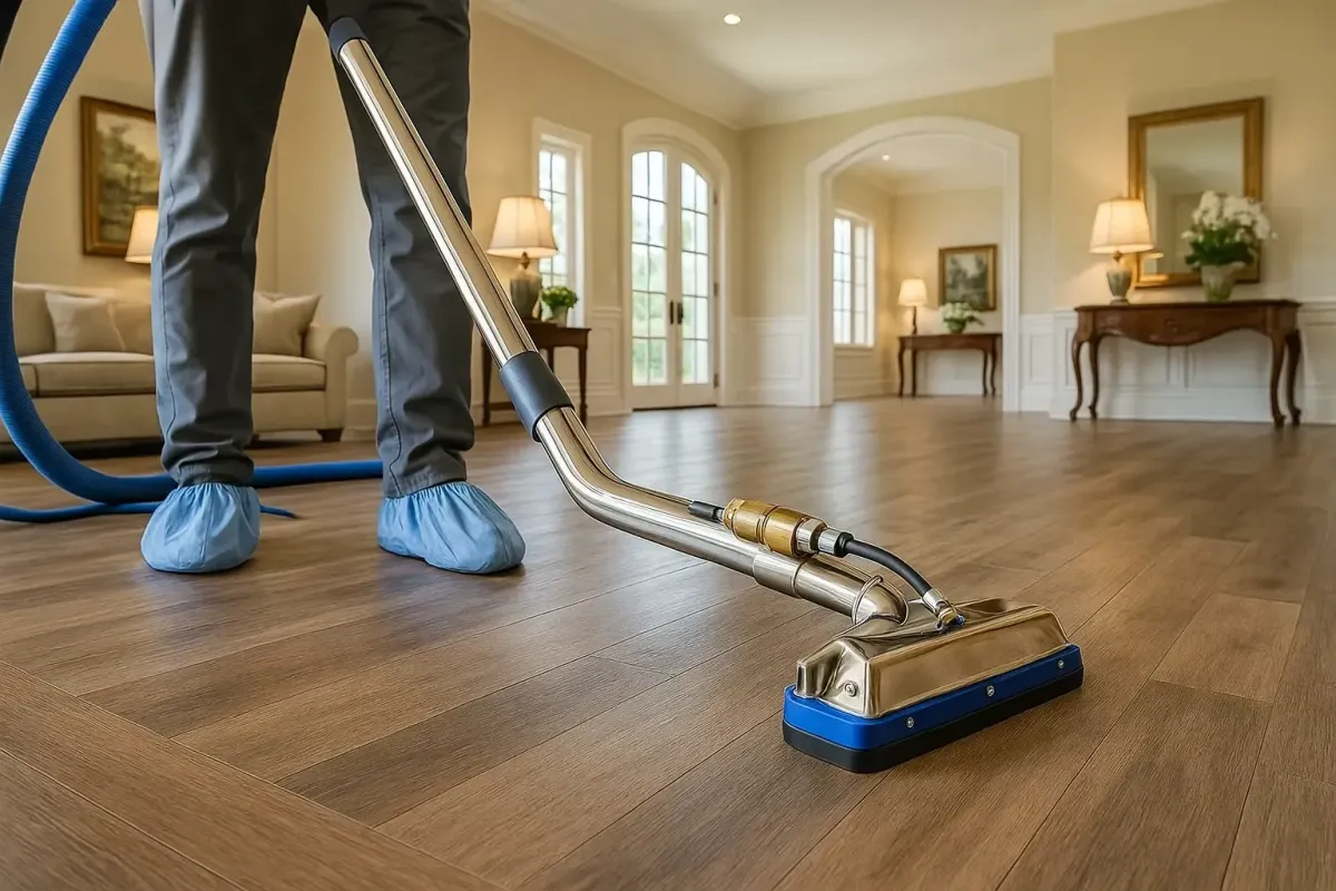 A professional cleaning tool with a blue and metallic head being used to clean a wide, light brown hard floor.