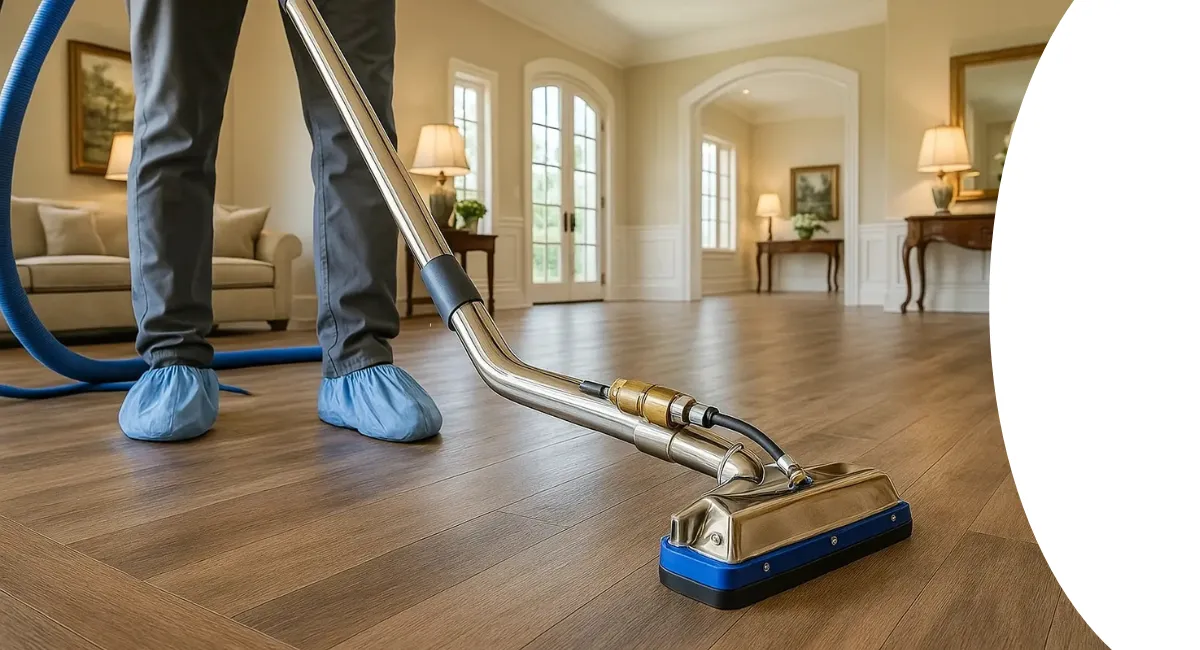 A professional cleaning tool with a blue and metallic head being used to clean a wide, light brown hard floor.