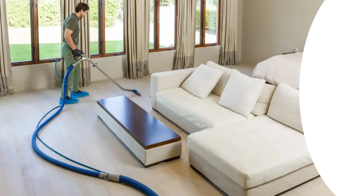 A professional cleaner in green uniform uses a carpet cleaning machine on a light floor in a large, bright room.