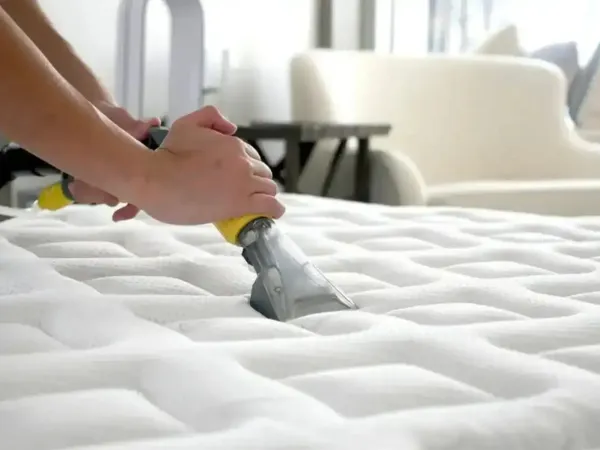 Close-up of a person's hands using a professional carpet cleaner tool to deep clean a white mattress.