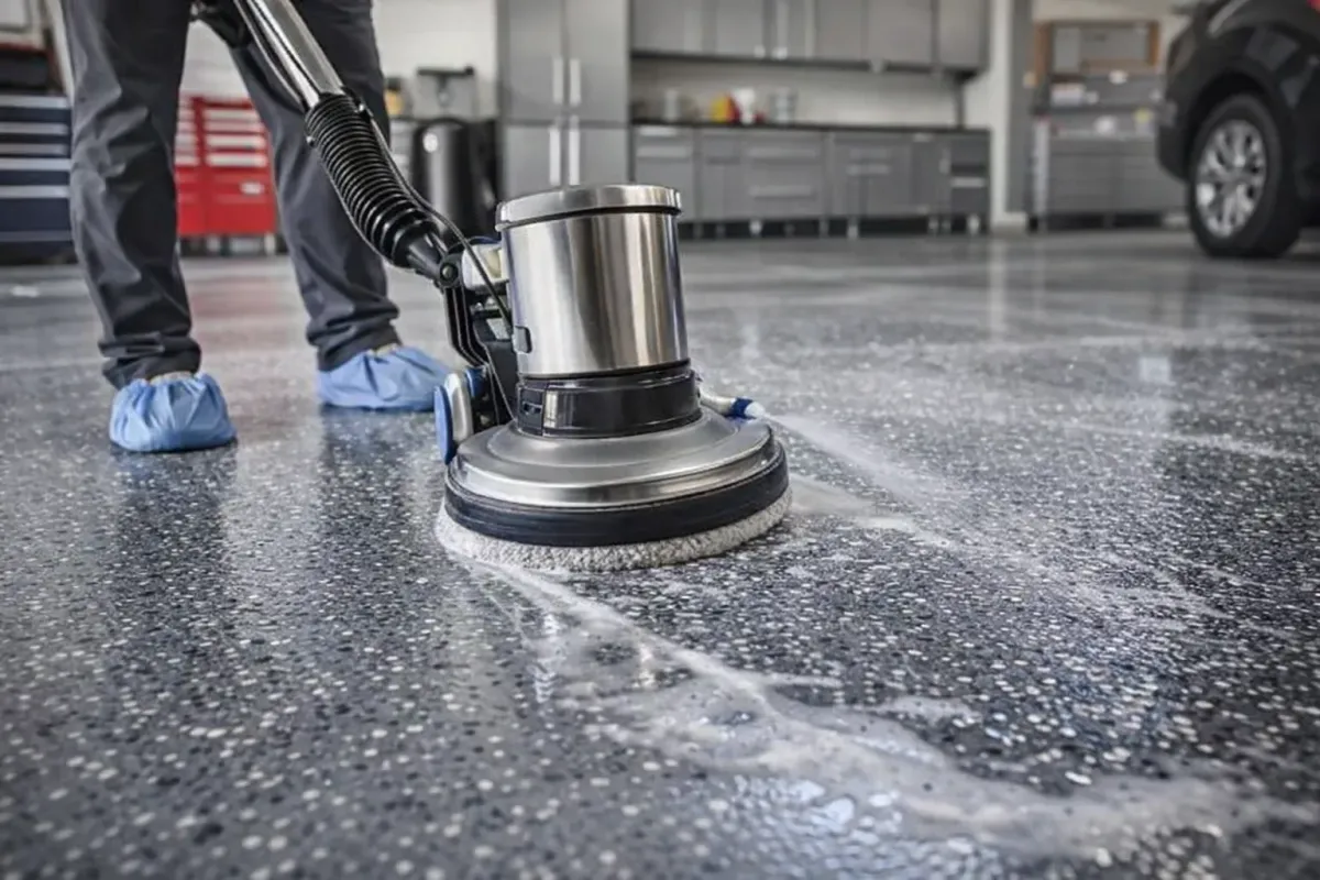 A worker using a floor scrubbing machine to clean a concrete floor in a garage or workshop.