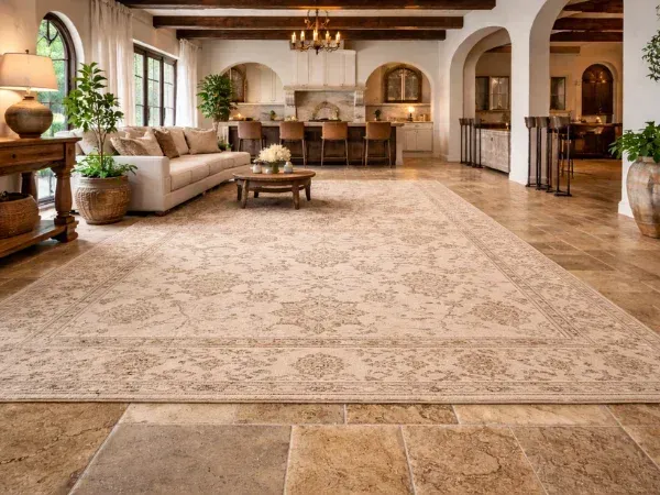 A grand living room and kitchen featuring a large neutral-toned medallion-patterned rug on stone tile floors.