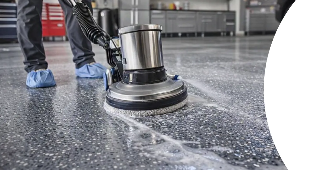 A person in blue shoe covers uses a floor buffing machine, creating suds on a speckled gray floor.