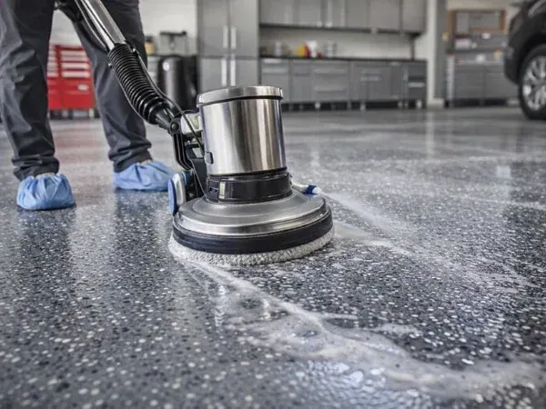 A person in blue shoe covers uses a floor buffing machine, creating suds on a speckled gray floor.