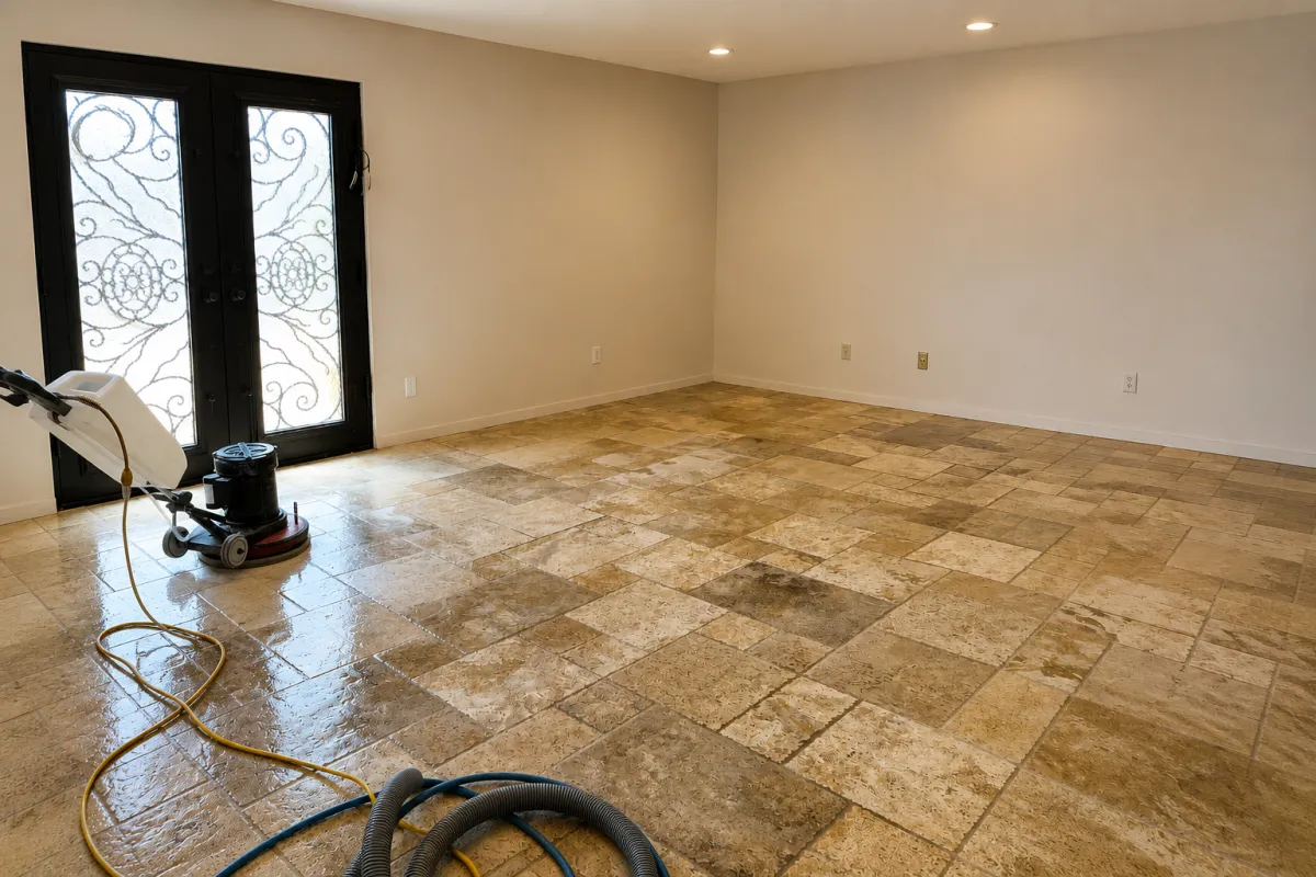 A person in blue shoe covers uses a floor buffing machine, creating suds on a speckled gray floor.