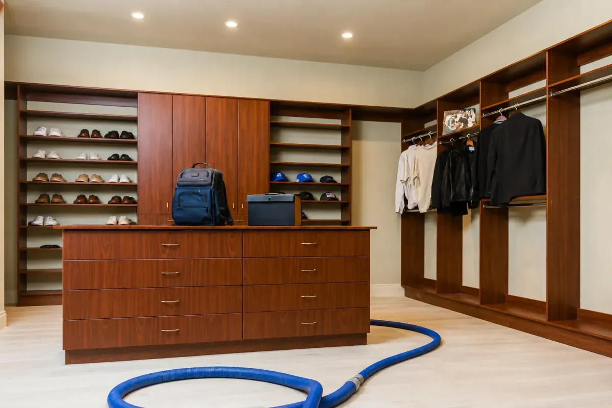 A modern walk-in closet with dark wood shelving, drawers, hanging clothes, shoes, and a blue backpack.