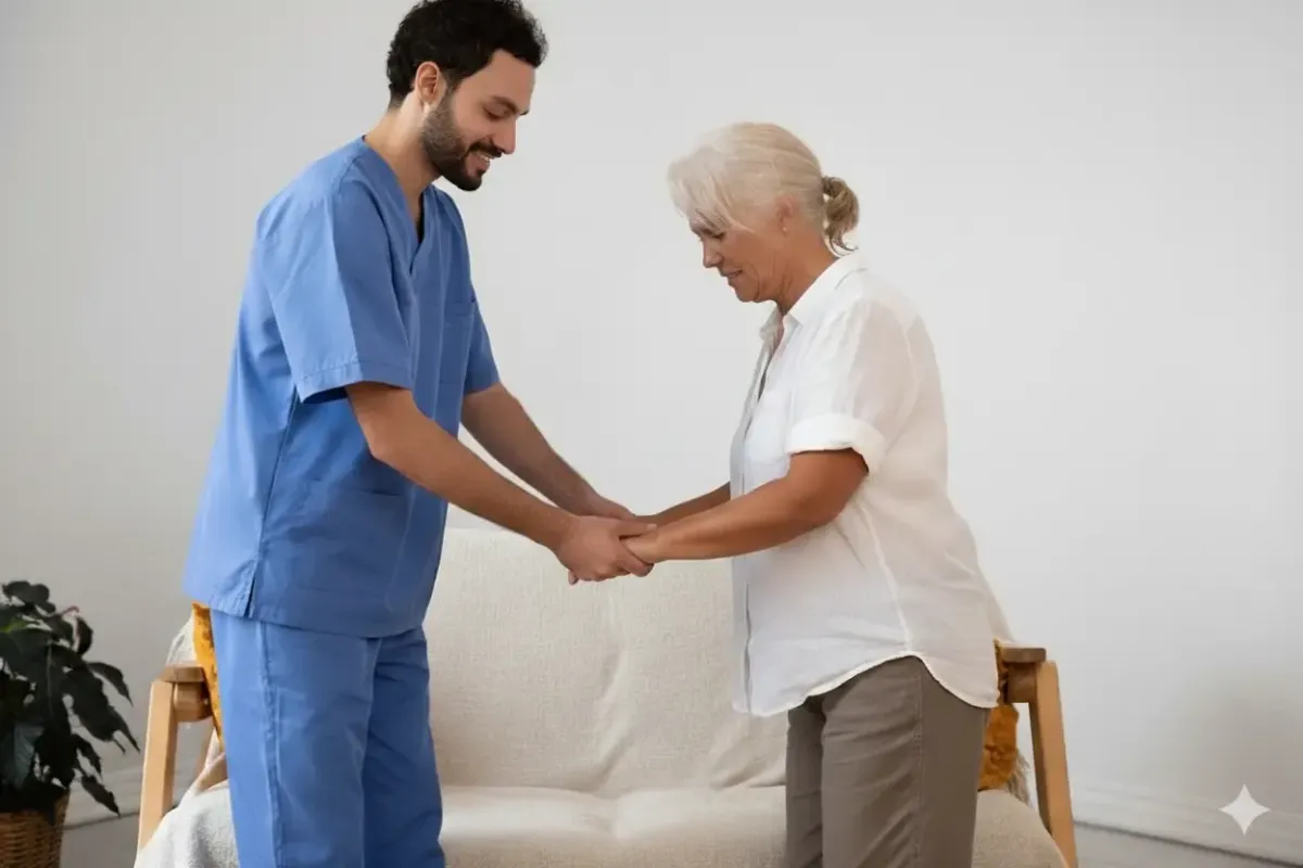 Reliable caregiver offering support to elderly woman at home