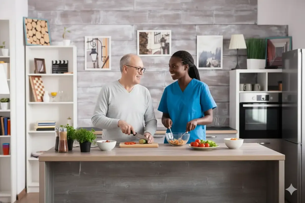 Affordable caregiver preparing a meal with senior man in kitchen