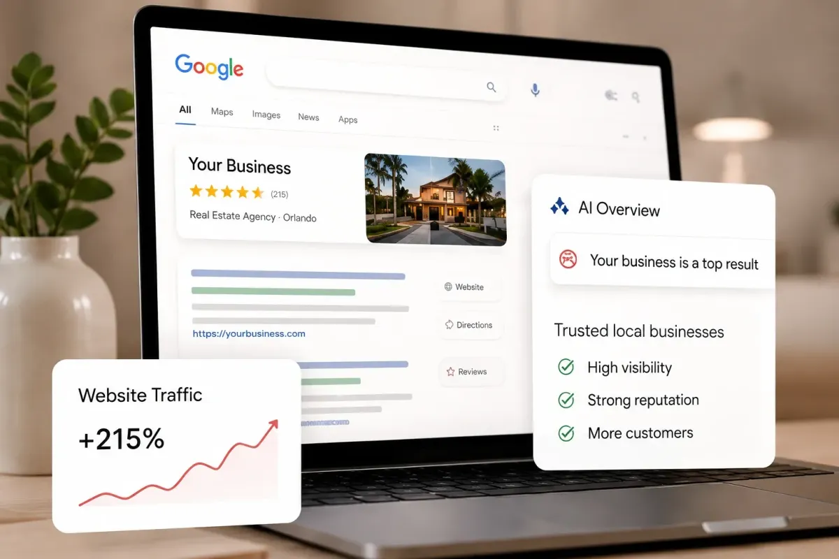Google search results showing local business ranked at top with AI overview and website traffic increase of 215 percent