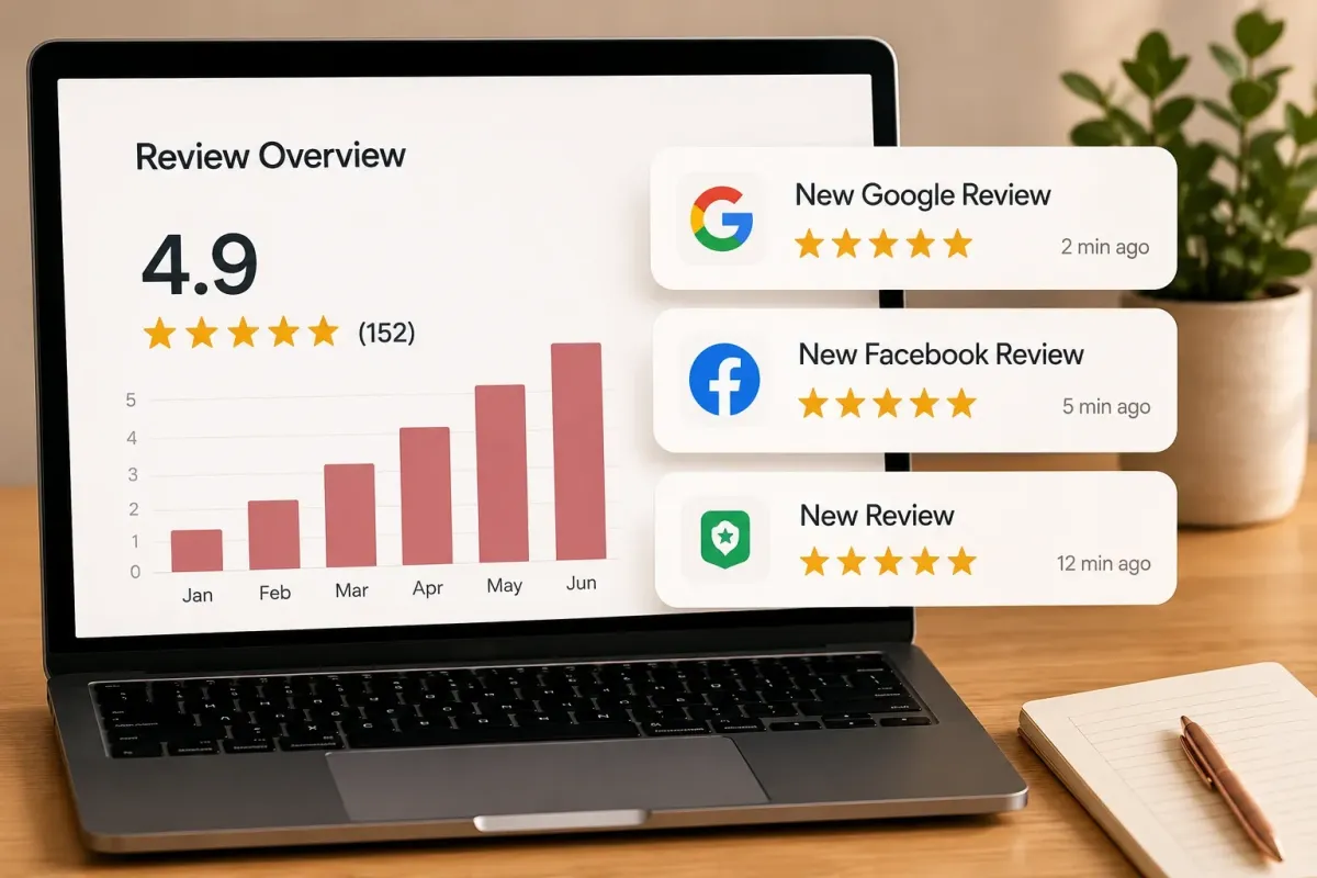Dashboard showing 4.9 star Google review rating with new Google Facebook and Yelp reviews coming in automatically