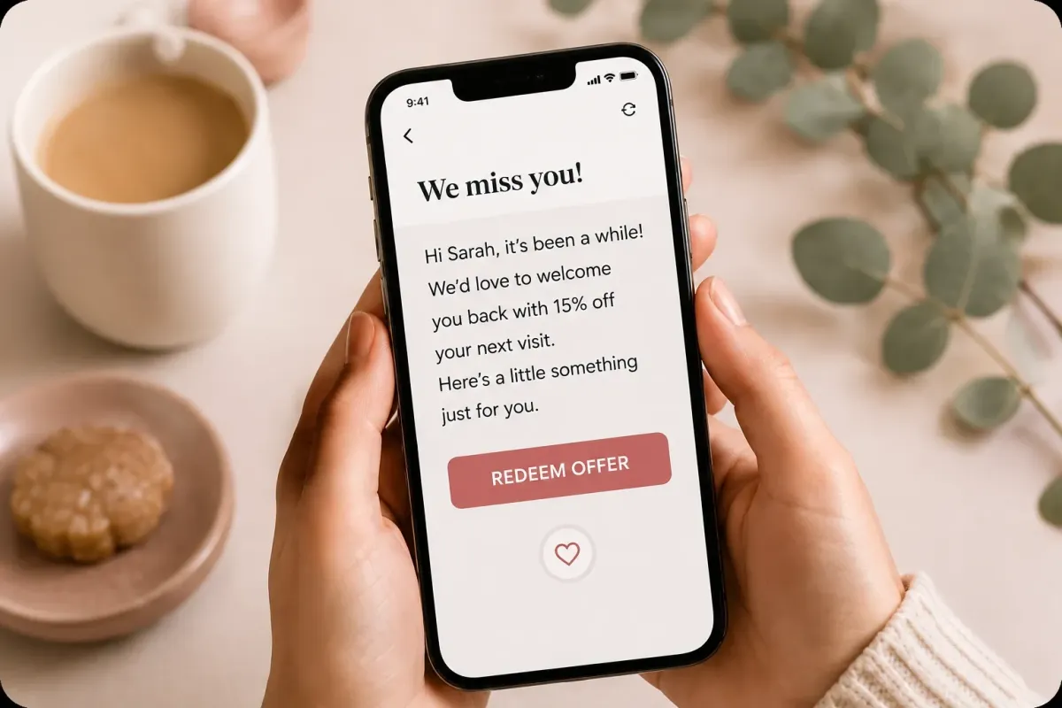 Phone screen showing personalized reactivation text message offering returning customer discount