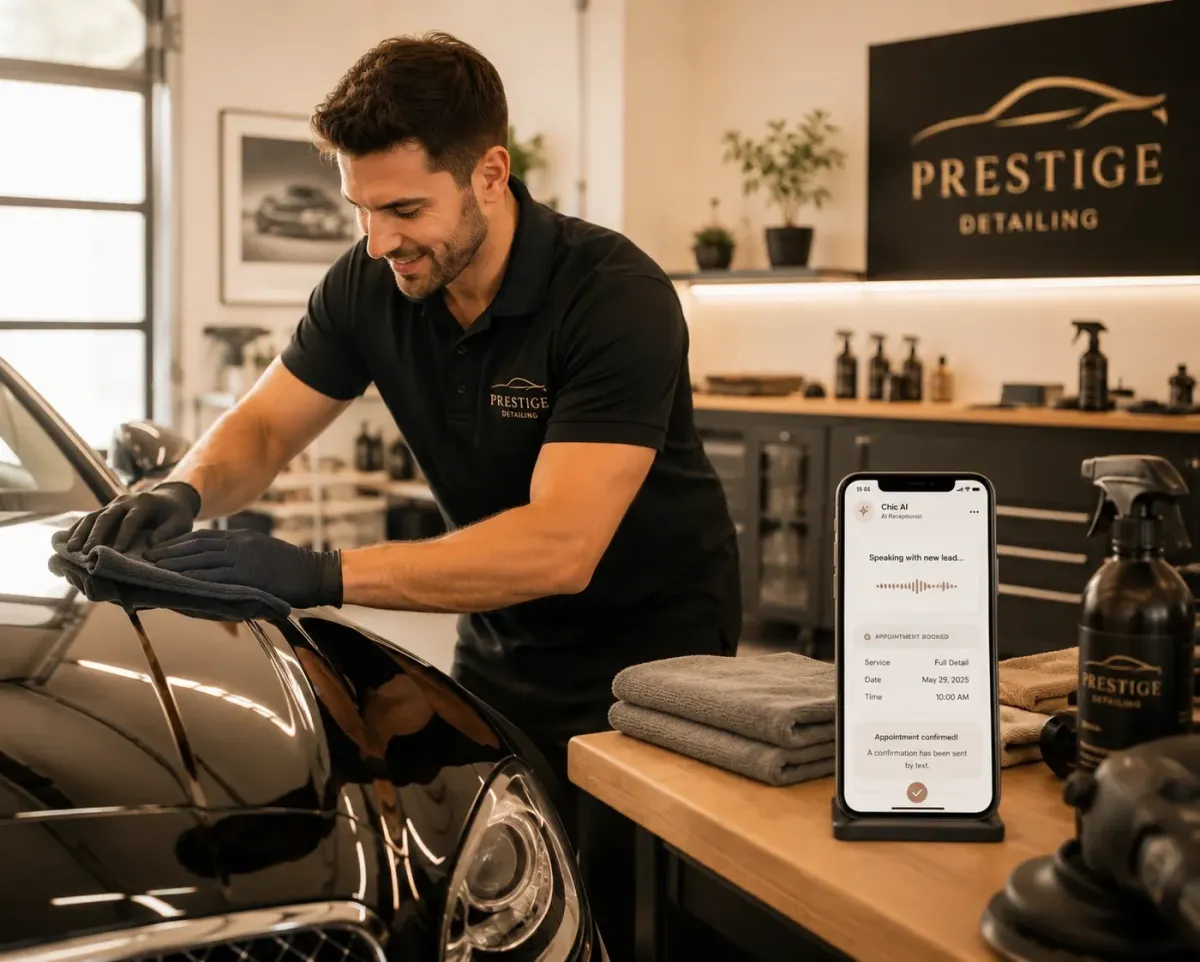 Business owner focused on customers while Chic AI voice assistant handles incoming calls automatically