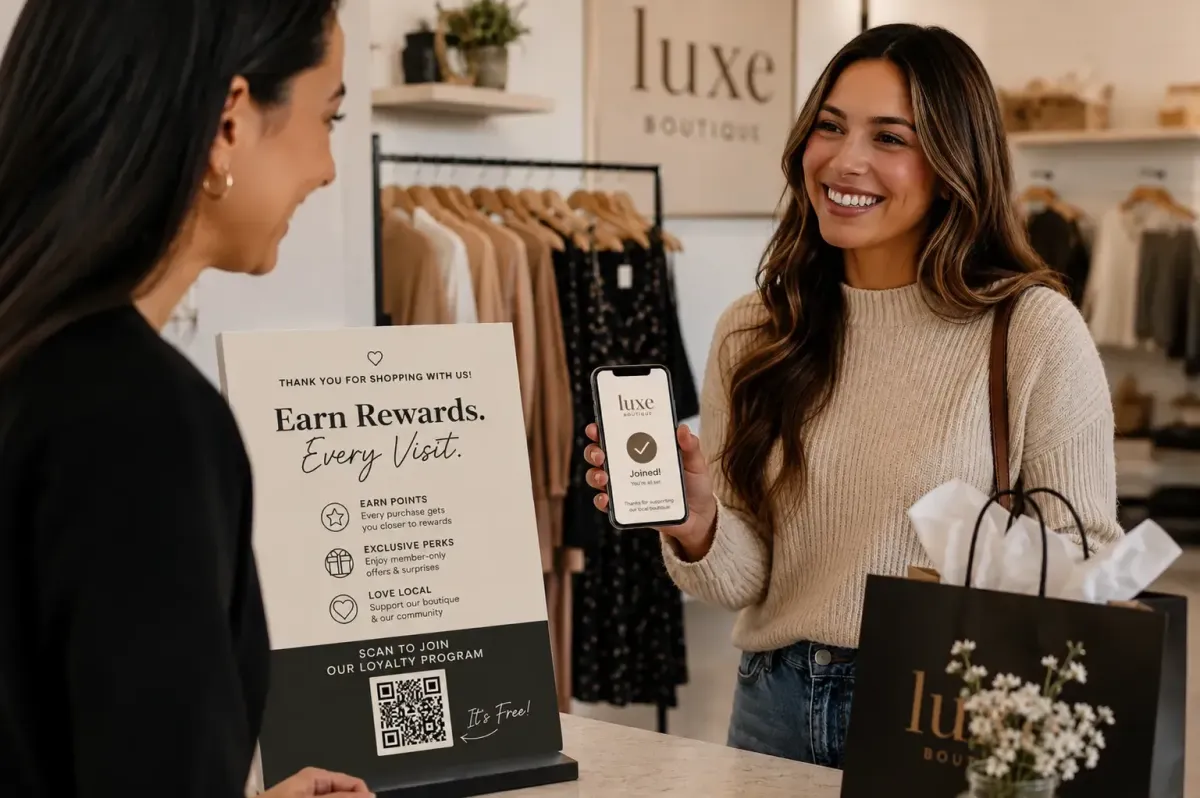 Boutique shop owner scanning loyalty rewards card while customer smiles — earn rewards every visit