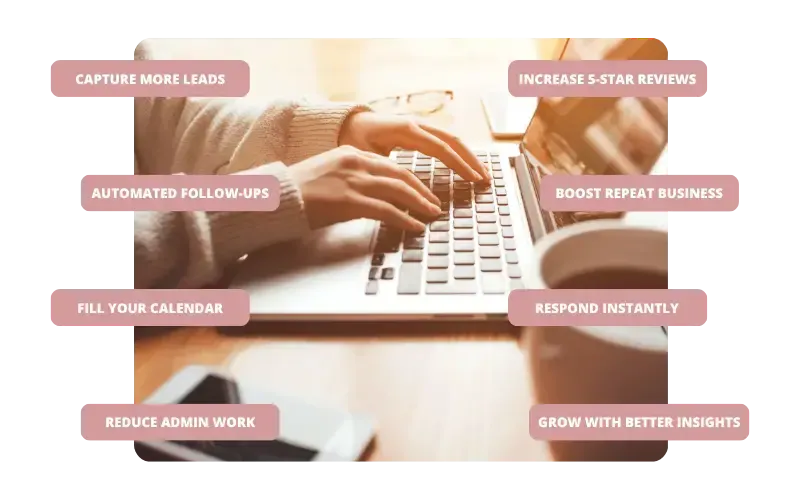 Small business owner typing on laptop surrounded by automation benefits — capture leads, automated follow-ups, fill your calendar, boost repeat business, increase reviews, respond instantly