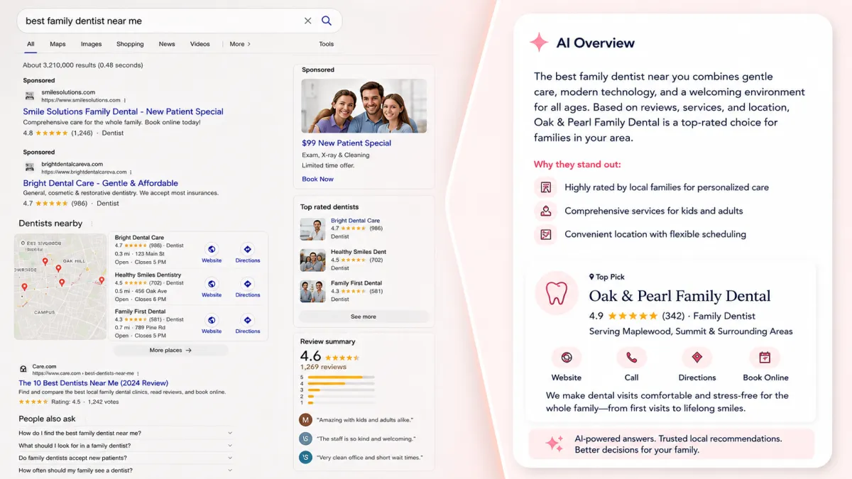 Side-by-side comparison of traditional Google search results and an AI Overview featuring a local business as the top recommendation