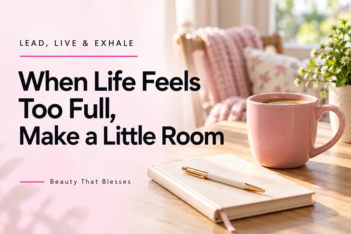 Pink coffee mug and closed notebook on a sunlit table beside the words “When Life Feels Too Full, Make a Little Room” from Lead, Live & Exhale by Beauty That Blesses.