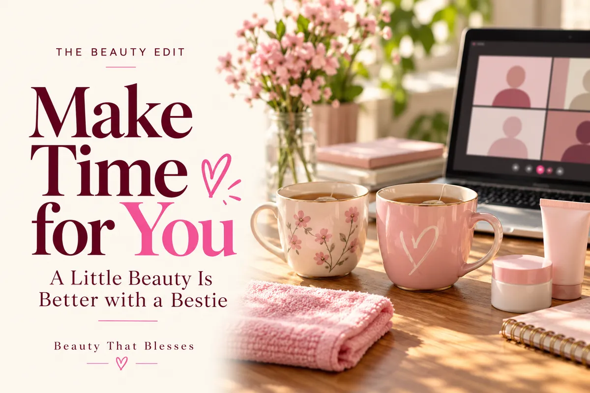 Two cups of tea, skincare essentials, and a laptop showing a virtual gathering beside the title “Make Time for You: A Little Beauty Is Better with a Bestie.”  YouTube podcast graphic: