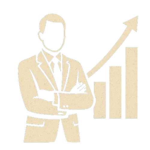 Beige illustration of a business professional with an upward graph, symbolizing growth, success, and strategic support from Gossage Consulting.