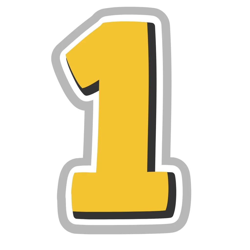 Bold yellow number one icon with white and gray outline, representing step one or first stage.