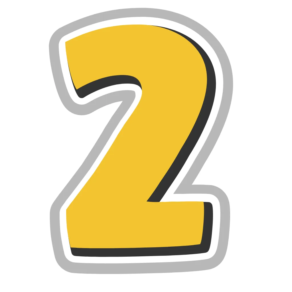 Bold yellow number two icon with white and gray outline, representing step two or second stage.o