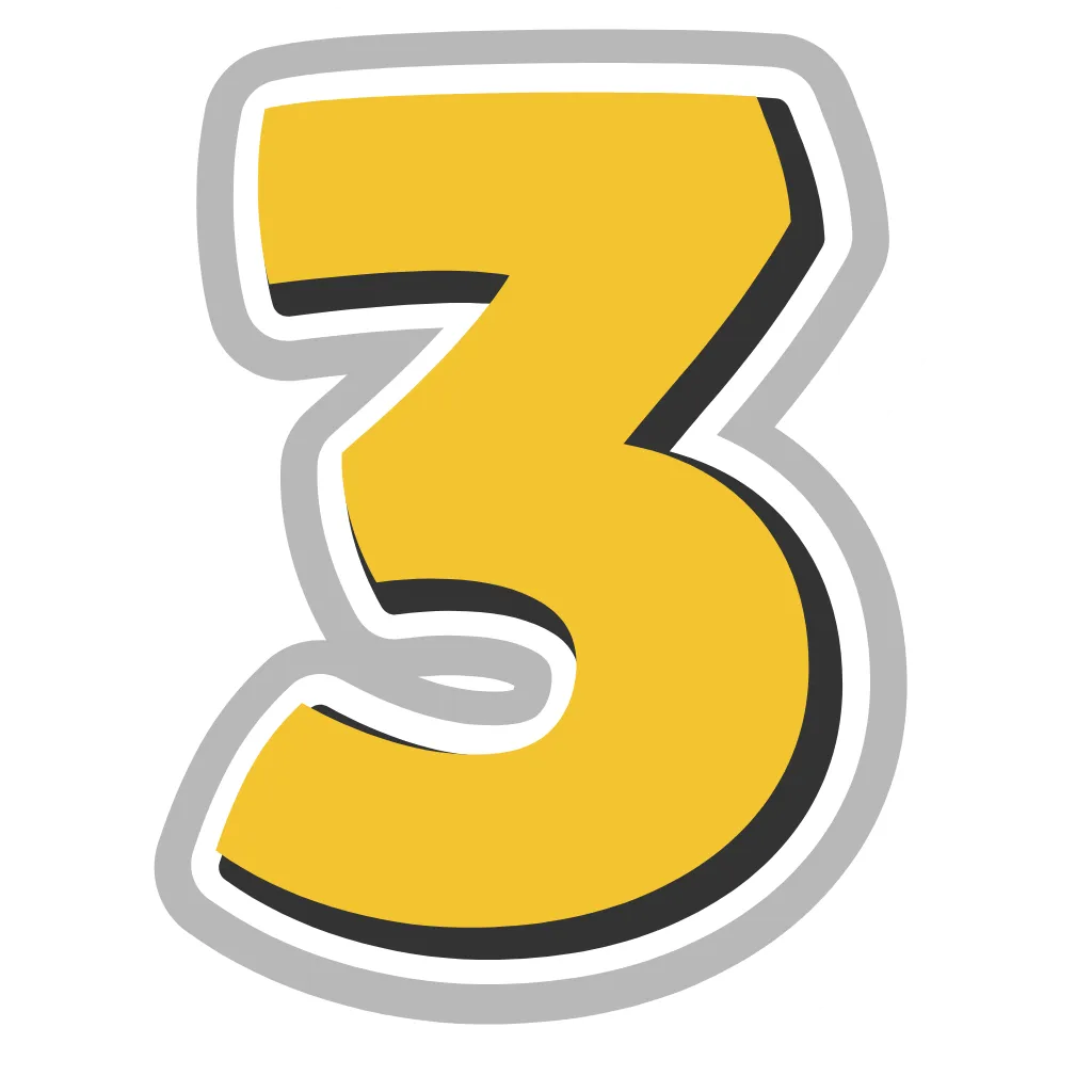 Bold yellow number three icon with white and gray outline, representing step three or third stage.