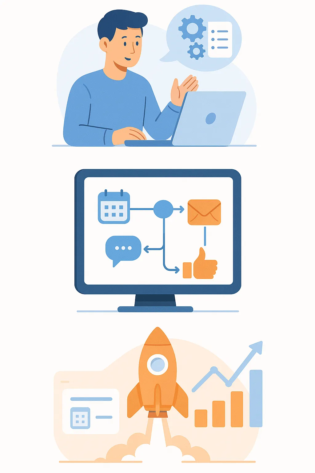Solenzo showing business automation and growth. Top panel: a person working at a laptop with settings and task icons. Middle panel: a desktop screen displaying an automation workflow connecting calendar, messages, email, and thumbs-up icons. Bottom panel: a rocket launching upward in front of charts and a rising arrow, symbolizing business growth and success.