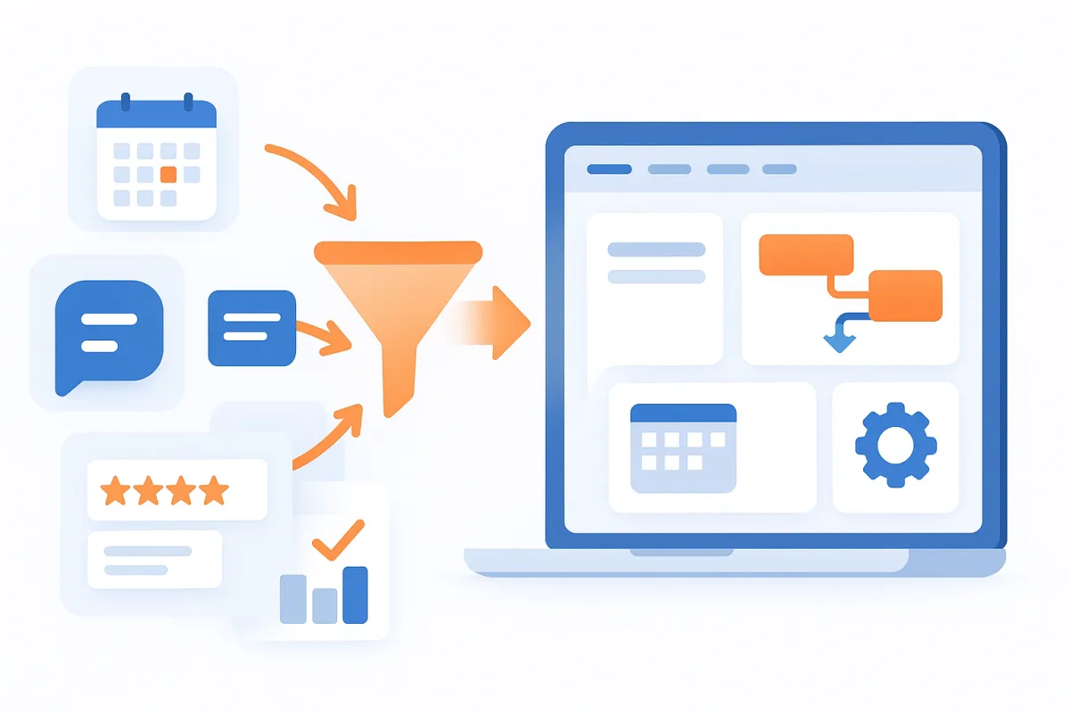Illustration of a digital automation funnel showing calendar bookings, chat messages, reviews, and analytics being funneled into a workflow system on a laptop screen. Icons represent task automation, scheduling, and process management in a CRM or marketing platform.