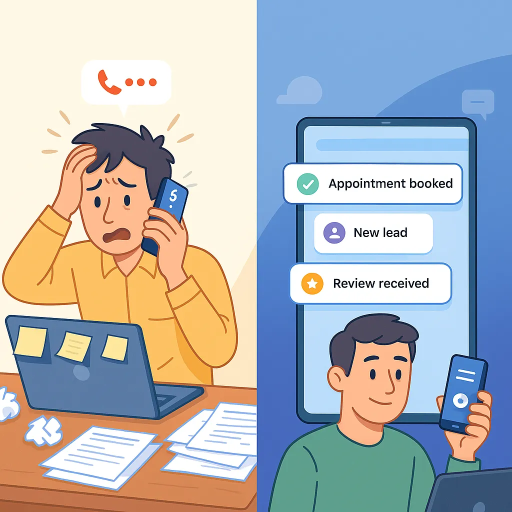 Split-screen illustration showing the contrast between a stressed business owner buried in paperwork and missed calls, and a calm professional receiving automated notifications on a smartphone for appointments, new leads, and reviews.