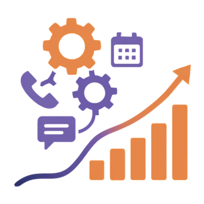 Solenzo visual representing automation and scalable growth with gears, calendar, chat, and call icons flowing into an upward bar chart—ideal for any industry, including healthcare.