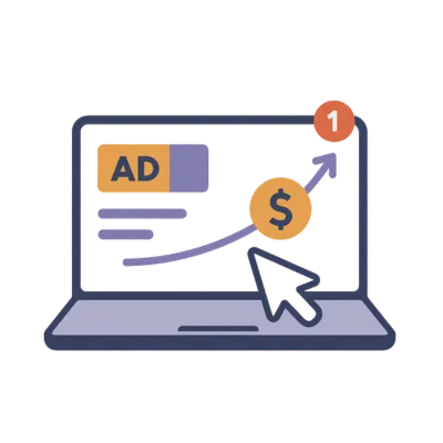 Solenzo’s digital advertising dashboard shown on a laptop with a rising dollar icon. Highlights Solenzo’s role in running high-conversion paid ad campaigns and improving ROI.