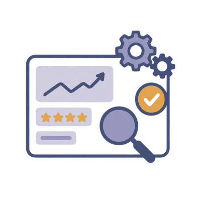 Solenzo reporting and optimization interface featuring review ratings, performance graphs, gears, and a checkmark—designed to visualize actionable insights and continuous improvement.
