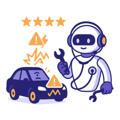 AI assistant diagnosing a damaged car and generating five-star results. Solenzo’s AI-powered intake system helps repair shops streamline diagnostics and improve customer satisfaction.