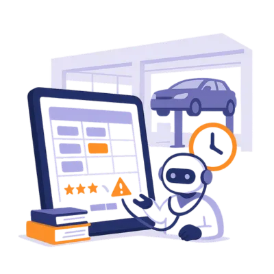 AI chatbot interacting with a scheduling and repair dashboard in a garage setting. Solenzo enables repair shops to automate customer communication and review requests, saving time and increasing efficiency.