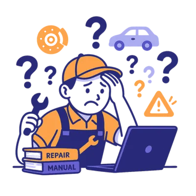 Mechanic overwhelmed by repair manuals while looking at a laptop. Solenzo reduces technician frustration by providing automated intake responses and job prep through intelligent workflows.