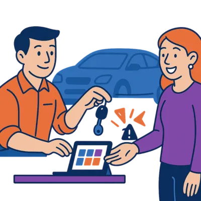 Customer receiving car keys from a repair shop staff member with a glowing review icon nearby. Solenzo helps shops close more jobs by automating status updates, reminders, and review requests.
