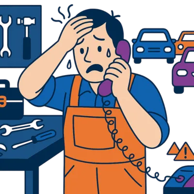 Auto mechanic sweating while holding a phone in a busy shop with tools and warning icons. Solenzo helps auto shops stop missing calls and reduce chaos by automating lead capture and scheduling.