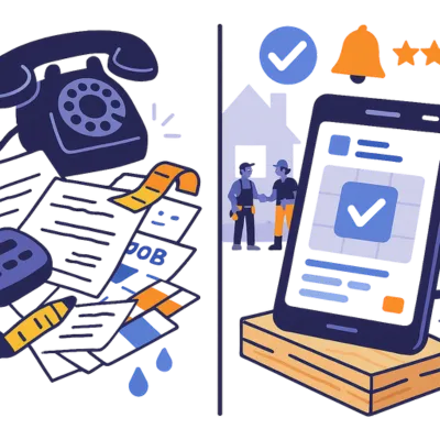 Split image contrasting outdated phone-based systems with a modern mobile CRM. Solenzo transforms outdated lead management into real-time digital notifications and automation for service businesses.