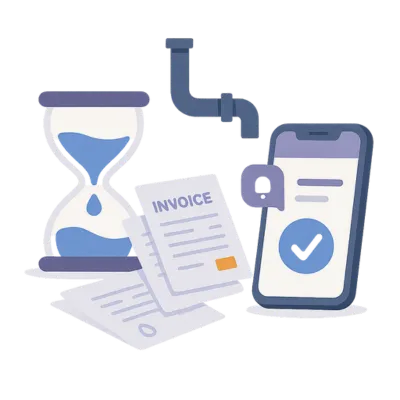Hourglass, invoice paperwork, and a smartphone displaying a checkmark. Solenzo automates job timing, invoicing, and mobile approvals for faster cash flow in home services.