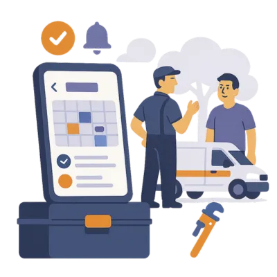 Plumber and customer speaking in front of a van, while a large phone screen shows a scheduling interface. Solenzo brings clarity to in-field communication and dispatch timing.