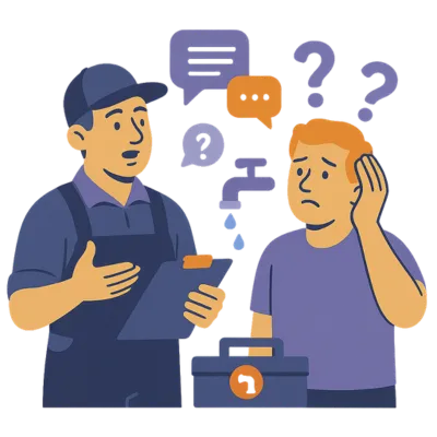 Contractor trying to explain service options to a confused homeowner with floating chat and question icons. Solenzo helps eliminate confusion with automated communication and simplified job tracking.