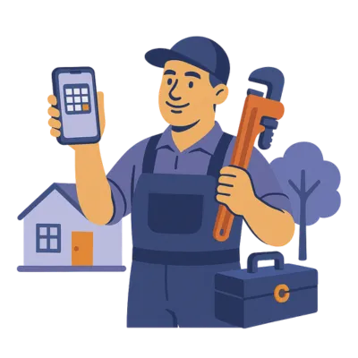 Confident plumber standing outside a house holding a calendar-enabled phone and a wrench. Solenzo connects tools, time, and customers in one centralized platform.